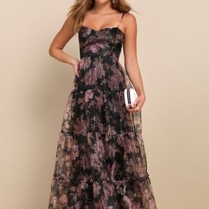 Lulus Exclusive Glamour Black Floral Organza Tiered Maxi Dress - Size L